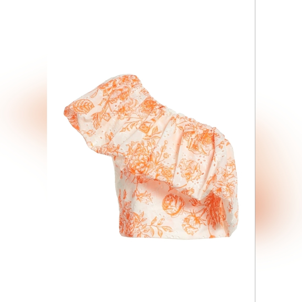 ViCOLO One Shoulder White & Orange Floral Ruffled Top